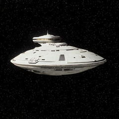 Poster - Starship Saucer Design Floating Amidst the Starry Cosmos Background for Space Exploration Concepts