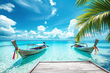 Aufkleber - Tropical scene with two wooden boats in turquoise water, palm leaves, and wooden pier under a bright blue sky.