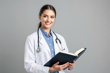 Aufkleber - Female doctor smiling while holding an open book, wearing a stethoscope, against a plain light gray background. Professional medical concept.