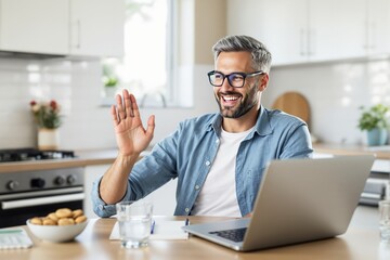 Aufkleber - Smiling man waving during a video call in a bright modern kitchen.