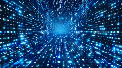 Poster - Abstract representation of digital data flow in a futuristic blue tunnel with glowing binary code