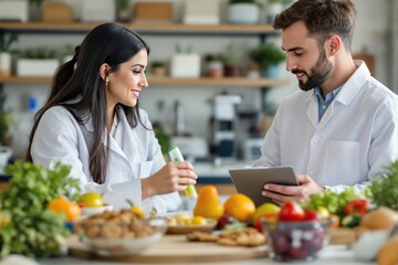 Poster - Scientists analyzing fruits and vegetables in a lab setting.