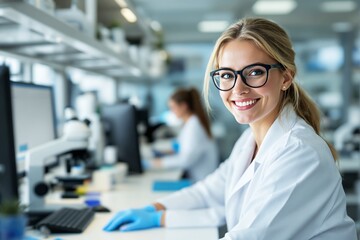 Poster - Smiling female scientist working in modern laboratory.