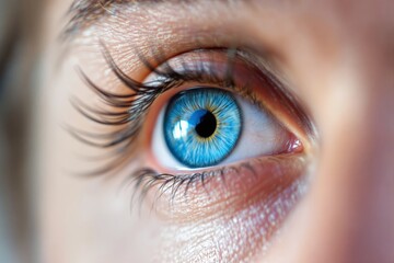 Poster - Close-up of a human eye with vivid blue iris and detailed surrounding skin texture.