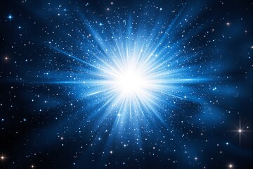 Poster - Bright cosmic light burst with sparkling stars on blue background.