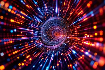 Poster - Abstract circular light tunnel with colorful neon hues on a black background.