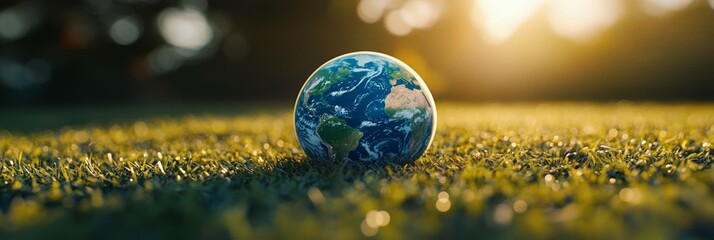 Wall Mural - Earth globe resting on green grass under a warm sunset in a serene outdoor setting