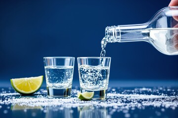 Aufkleber - Glasses of tequila with lime and salt on blue background, highlighting a refreshing and creative beverage concept.