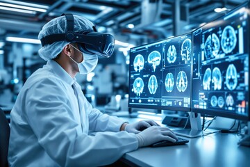 Poster - Doctor using VR headset analyzing brain scans on computer screens in futuristic medical laboratory.