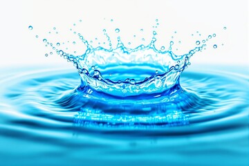Poster - Splash of blue water creating ripples and droplets under bright light in a creative style on a white and blue background.