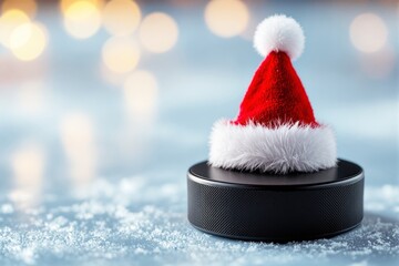 Poster - Smart speaker with Santa hat on snowy surface, festive holiday background with blurred lights.