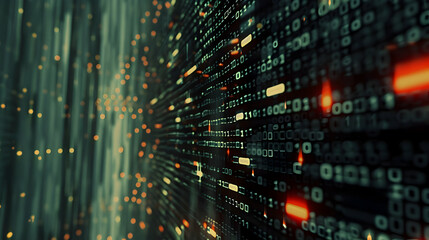 Poster - Abstract digital data stream with glowing binary code and vibrant particles in motion