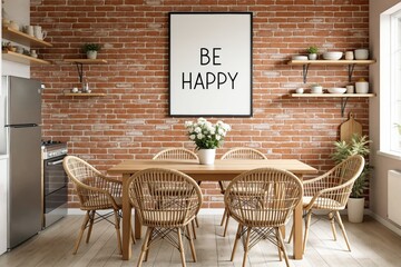 Wall Mural - Cozy dining room with rattan chairs, wooden table, and motivational 