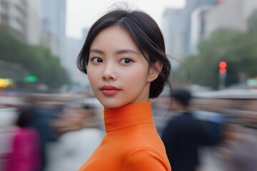 Wall Mural - A woman in an orange dress is standing in the street. She is the main focus of the image