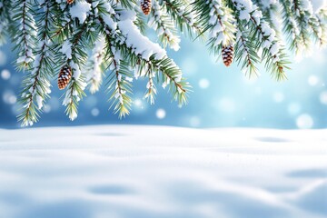 Poster - Snow-covered pine branches with cones over blurred winter background.
