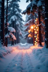 Wall Mural - Snowy forest with bokeh lights and Christmas decorations, festive, twinkling, sparkle