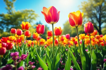 Poster - Vibrant tulips blooming in a sunlit garden.