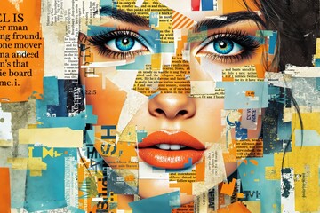 Poster - Abstract collage of vibrant woman's face made from torn paper pieces.