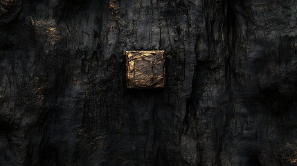 Poster - Textured Golden Cube Against Dark Rough Mountain Surface Backdrop Artistic Stone Metaphor