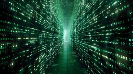 Poster - Digital corridor filled with flowing binary code leading to a bright exit, symbolizing data processing