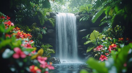 Wall Mural - Waterfall cascading over rocks surrounded by vibrant flowers in a serene garden setting