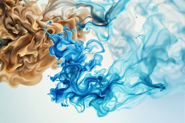 Poster - Abstract composition of brown and blue ink swirls in water on a soft white background.