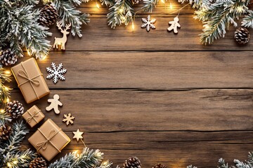 Aufkleber - Festive Christmas background with decorations, lights, and gift boxes on wooden surface.