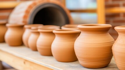 Wall Mural - Row of handcrafted clay pots displayed on a wooden shelf in a pottery studio with warm lighting