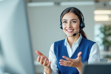 Aufkleber - Smiling customer service representative wearing a headset in a professional office environment.