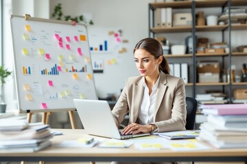 Aufkleber - Businesswoman working on a laptop in a modern office with charts and sticky notes on whiteboard in background.