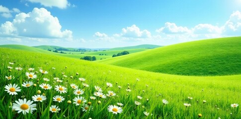 Wall Mural - Rolling hills of green grass with blooming white daisies in a sunny summer meadow, landscape, blue sky, countryside