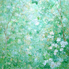 Canvas Print - Tranquil Greenery Trees and White Blossoms in Spring Serene Woods Impressionist Textured Palette Knife Art