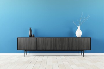 Aufkleber - Minimalistic wooden cabinet with decorative vases placed against blue wall.