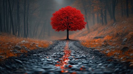 Canvas Print - Red tree path autumn forest