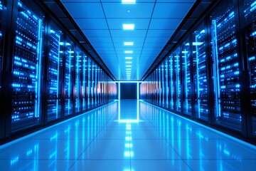 Aufkleber - Futuristic data center with glowing blue server racks in a symmetrical hallway.
