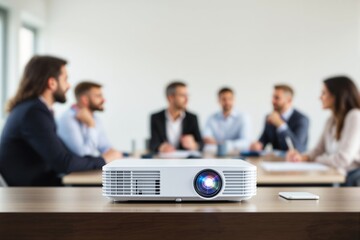 Poster - Projector on a wooden table with a blurred team meeting in the background.