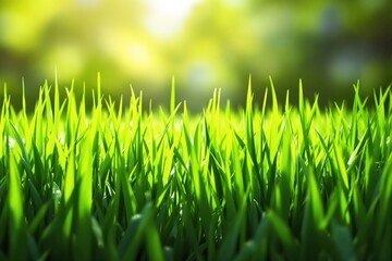 Poster - Close-up of vibrant green grass blades with sunlight in the background.
