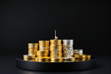 Poster - Stacks of Japanese yen coins with small flag on black background.