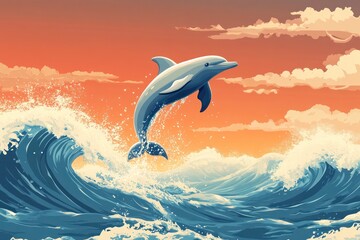 Wall Mural - Majestic dolphin leaps over ocean waves at sunset.