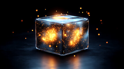 Poster - Translucent Cube Encapsulating Swirling Golden Energy Particles on a Dark Surface Texture