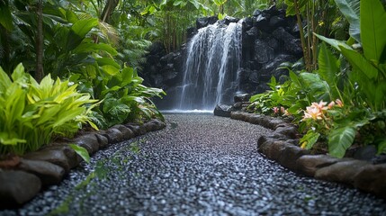 Wall Mural - Serene waterfall cascades through lush greenery in a tranquil rainforest setting