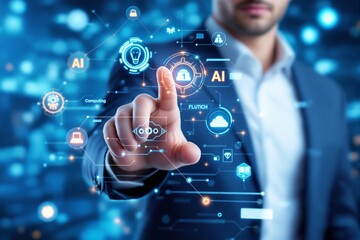 Aufkleber - Businessman interacting with futuristic AI interface on digital background.