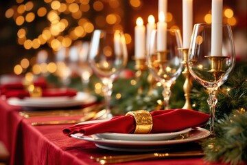 Poster - Elegant holiday table setting with candles and decorations.