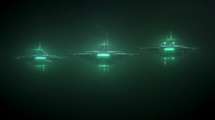 Poster - Trio of Green Glowing Space Stations in Deep Space Exploring New Frontiers Science Fiction 3D Art