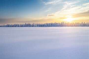 Poster - Snowy landscape with frosted trees and a radiant sunset on a clear sky background.