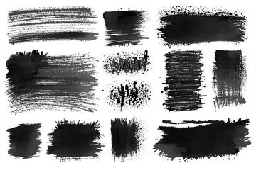 Poster - Abstract black ink brush strokes and splatter patterns on a white background.