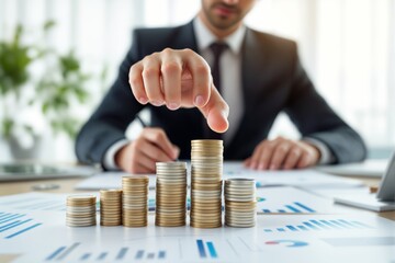 Poster - Businessman stacking coins on financial documents, symbolizing investment growth and financial planning.