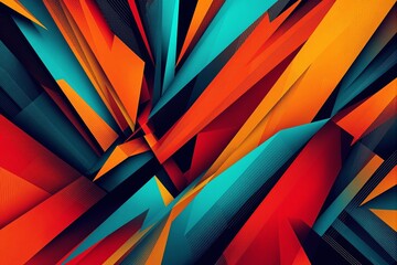 Poster - Abstract geometric colorful shapes composition with vibrant orange, teal, and red tones on a dark background.
