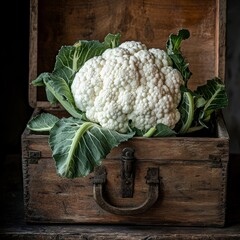 Wall Mural - Cauliflower arranged in a rustic wooden chest, highlighting its white fruits and green leaves