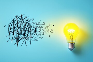 Poster - Transition from chaos to bright idea with scribbles transforming into a glowing light bulb on a blue background.